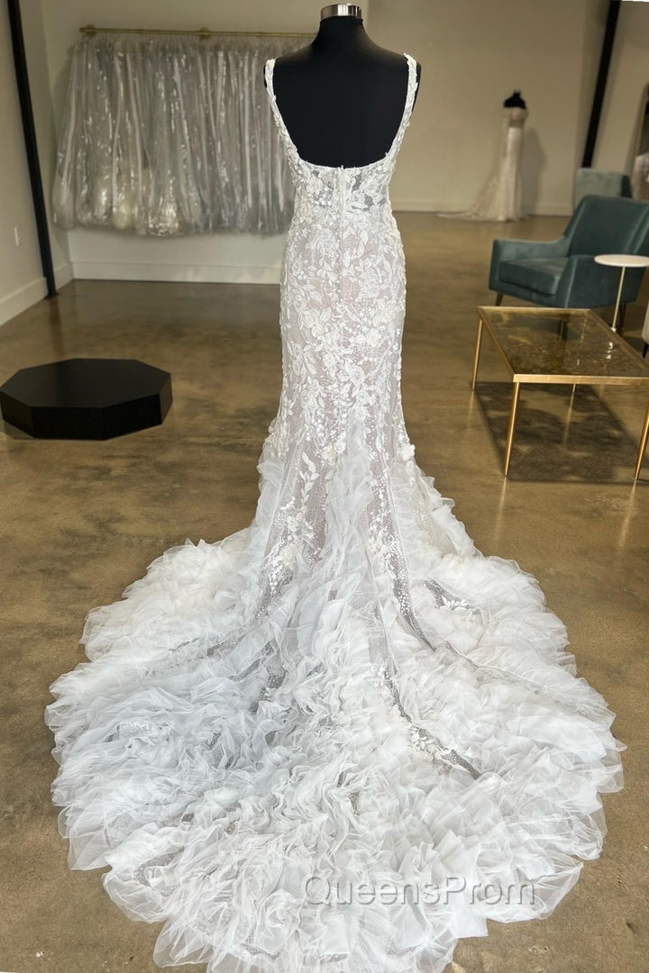 Ivory Floral Lace Square Neck Ruffles Long Wedding Gown Beautiful