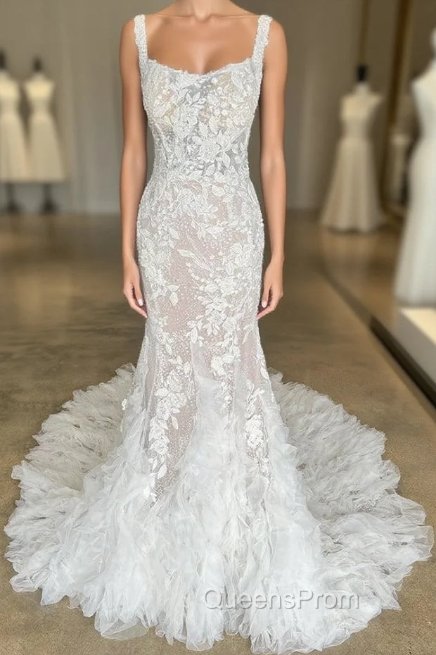 Ivory Floral Lace Square Neck Ruffles Long Wedding Gown Beautiful