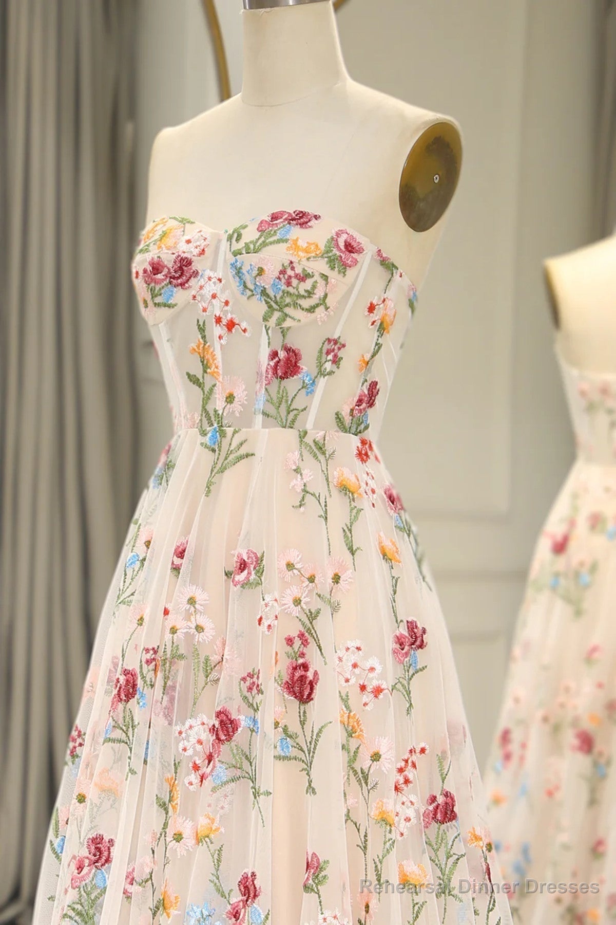 Ivory Floral Tulle Sweetheart Strapless Long Formal Dress, Tulle A-line Prom Dress Secondary image