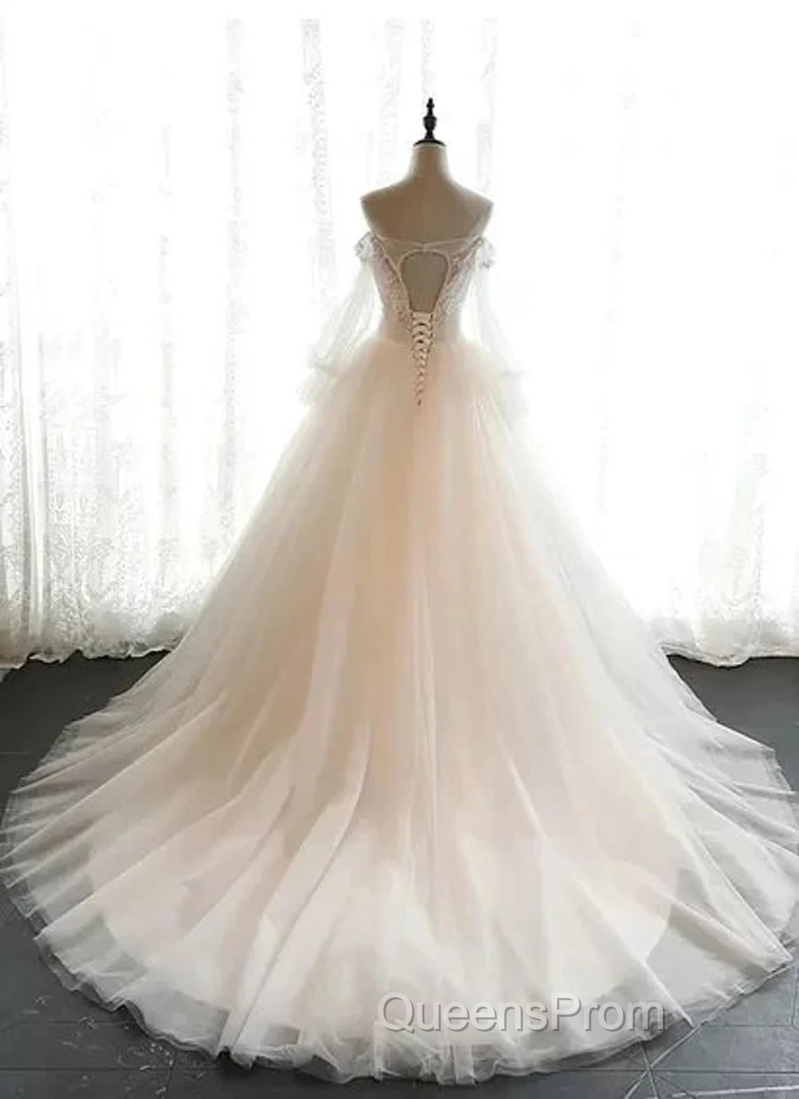 Ivory Flowers And Lace Applique Tulle Sweet 16 Dress, Long Formal Gown