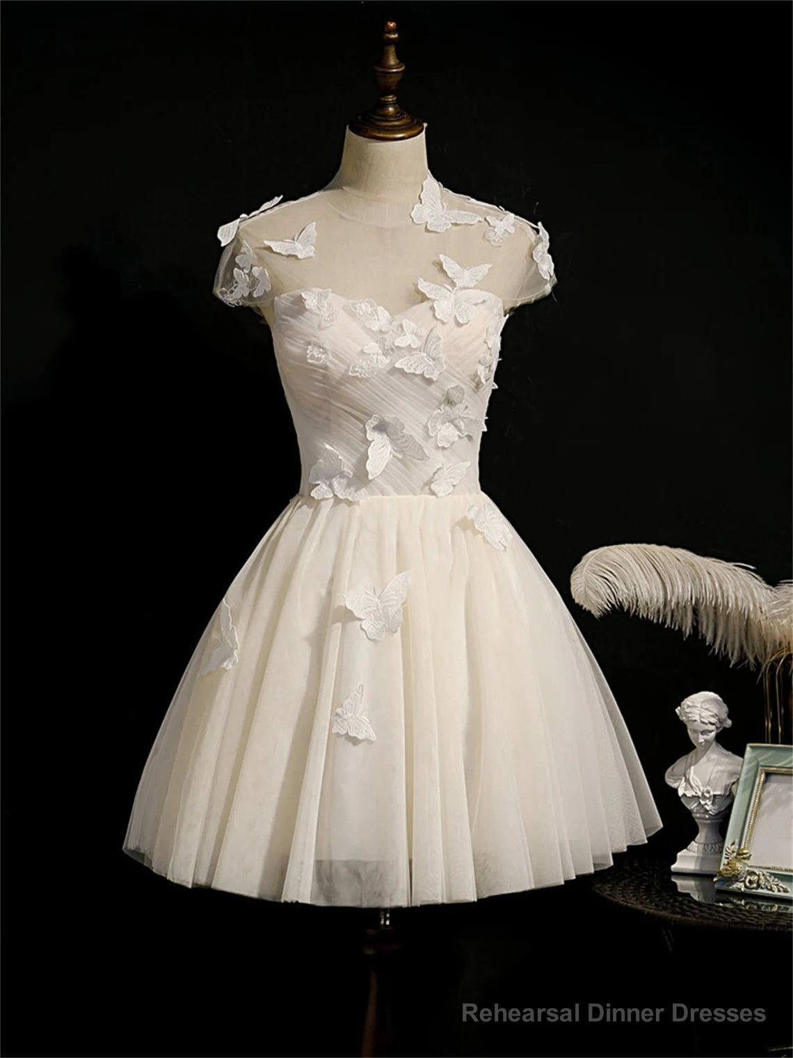 Ivory Homecoming Dress With Cap Sleeves, Butterfly Appliques Short Prom Dress Secondary image