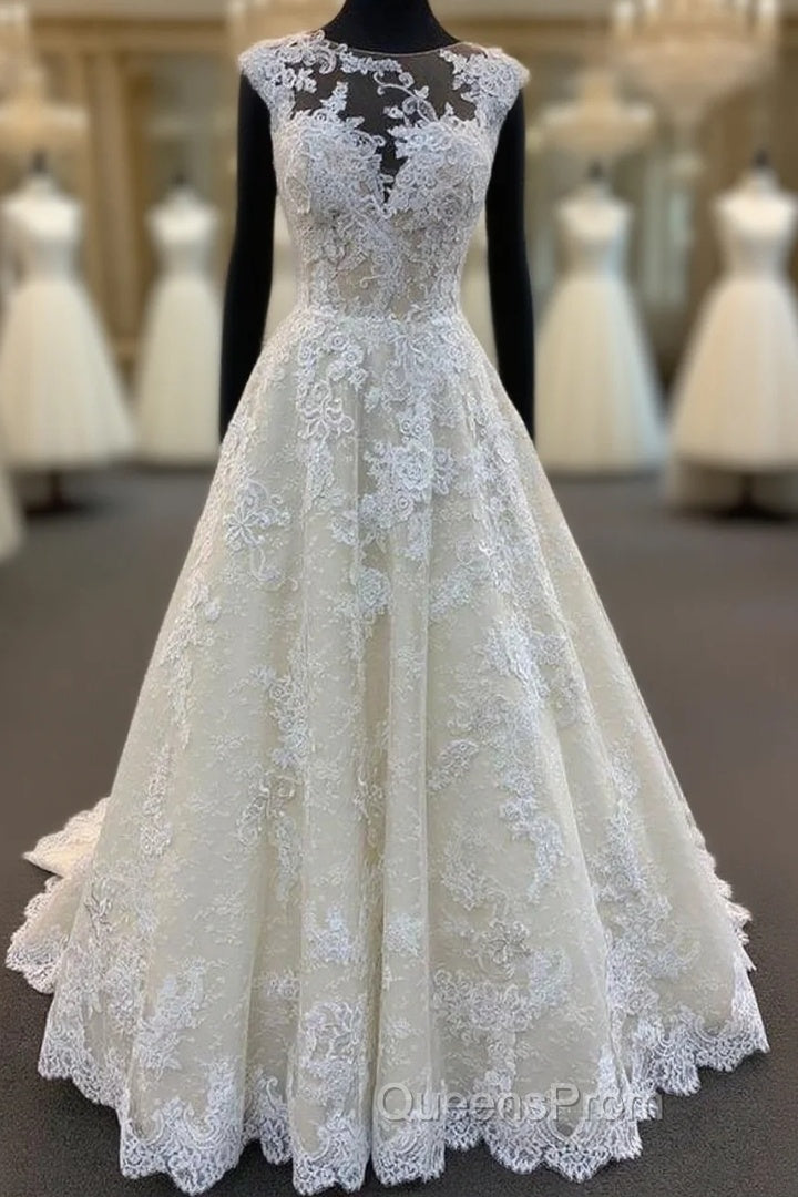 Ivory Lace Round Neck Cap Sleeve Sweep Train Custom Size Wedding Dress, Formal Evening Prom Dress Main image