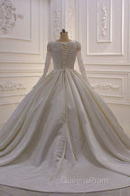 Ivory Long Sleevess Jewel Ruffless Flowers Bedaings Wedding Dress