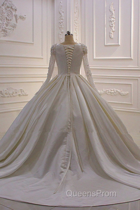 Ivory Long Sleevess Jewel Ruffless Flowers Bedaings Wedding Dress