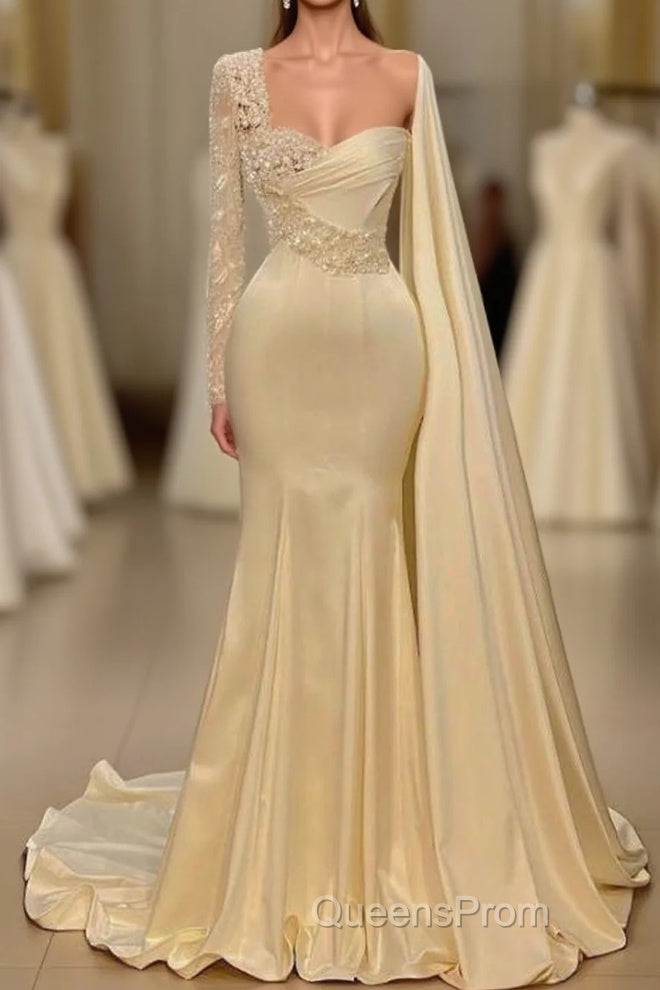 Ivory One Shoulder Asymmetric Evening Prom Dress with Ruffles