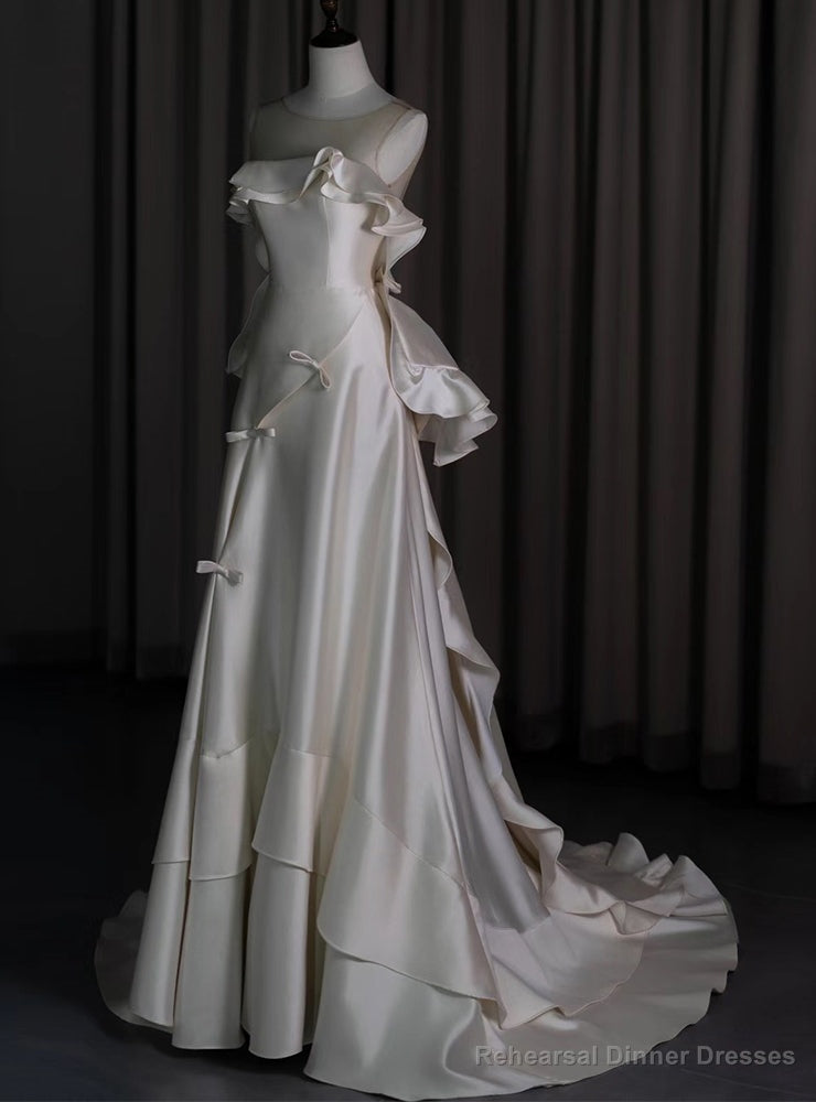 Ivory Satin Open Back Bow Wedding Dress Main image