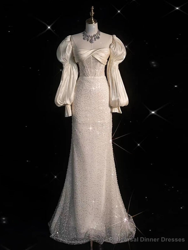 Ivory Satin Sequins Puff Sleeve Wedding Dress Main image