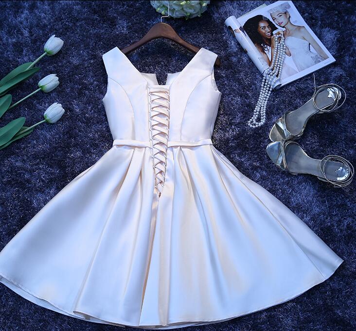 Ivory Satin Short Simple Cute Bridesmaid Dress Party Dress, Short Graduation Dress Classy Prom Dress Secondary image