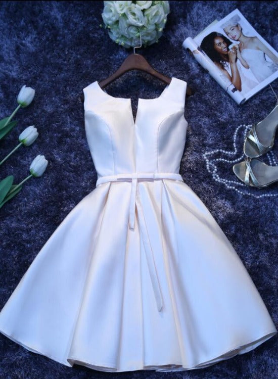Ivory Satin Short Simple Cute Bridesmaid Dress Party Dress, Short Graduation Dress Classy Prom Dress Main image