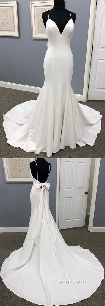 Ivory Satin Spaghetti Straps Open Back Sweet Train Wedding Dress, Formal Evening Prom Dress Secondary image