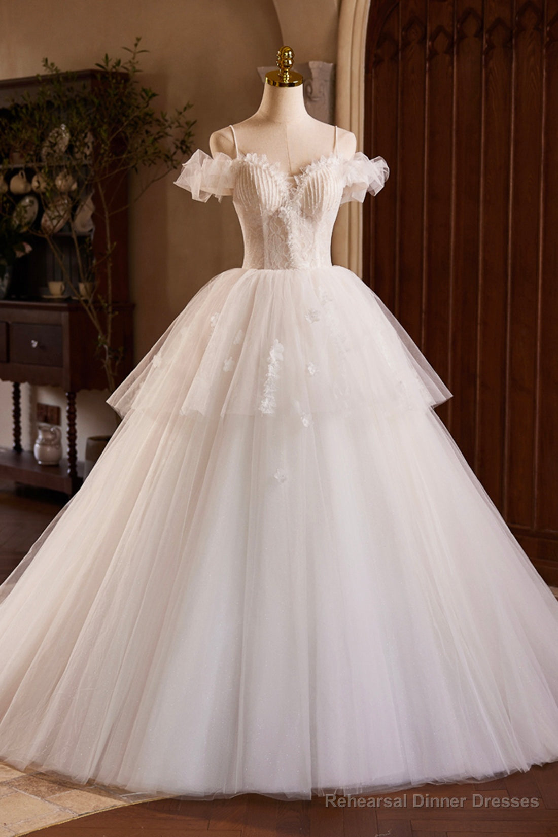 Ivory Spaghetti Strap Lace Beaded Party Dress, Ivory Floor Length A-Line Prom Dress Main image