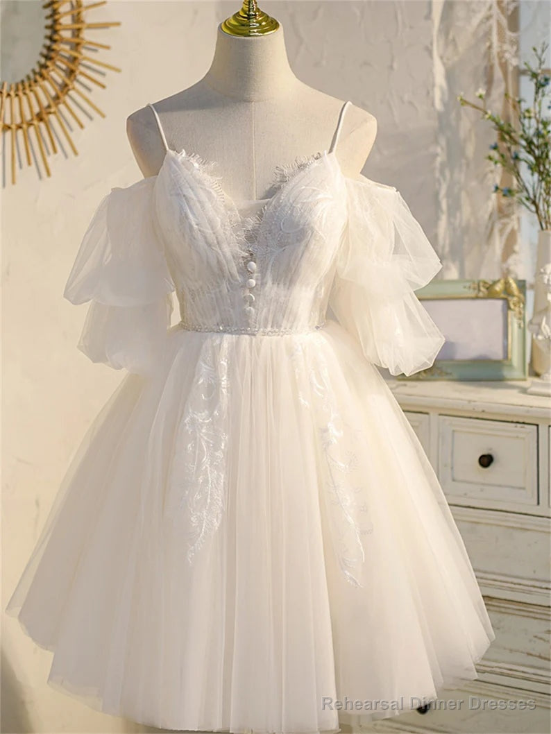 Ivory Spaghetti Strap V-neck Lace Homecoming Dress, Tulle Short Prom Dress Secondary image