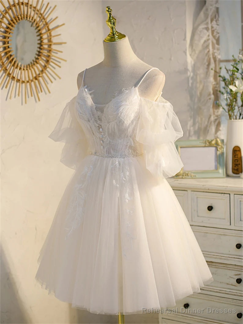 Ivory Spaghetti Strap V-neck Lace Homecoming Dress, Tulle Short Prom Dress Main image