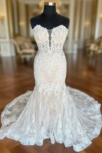 Ivory Strapless Floral Lace Trumpet Long Bridal Gown Wedding Dress
