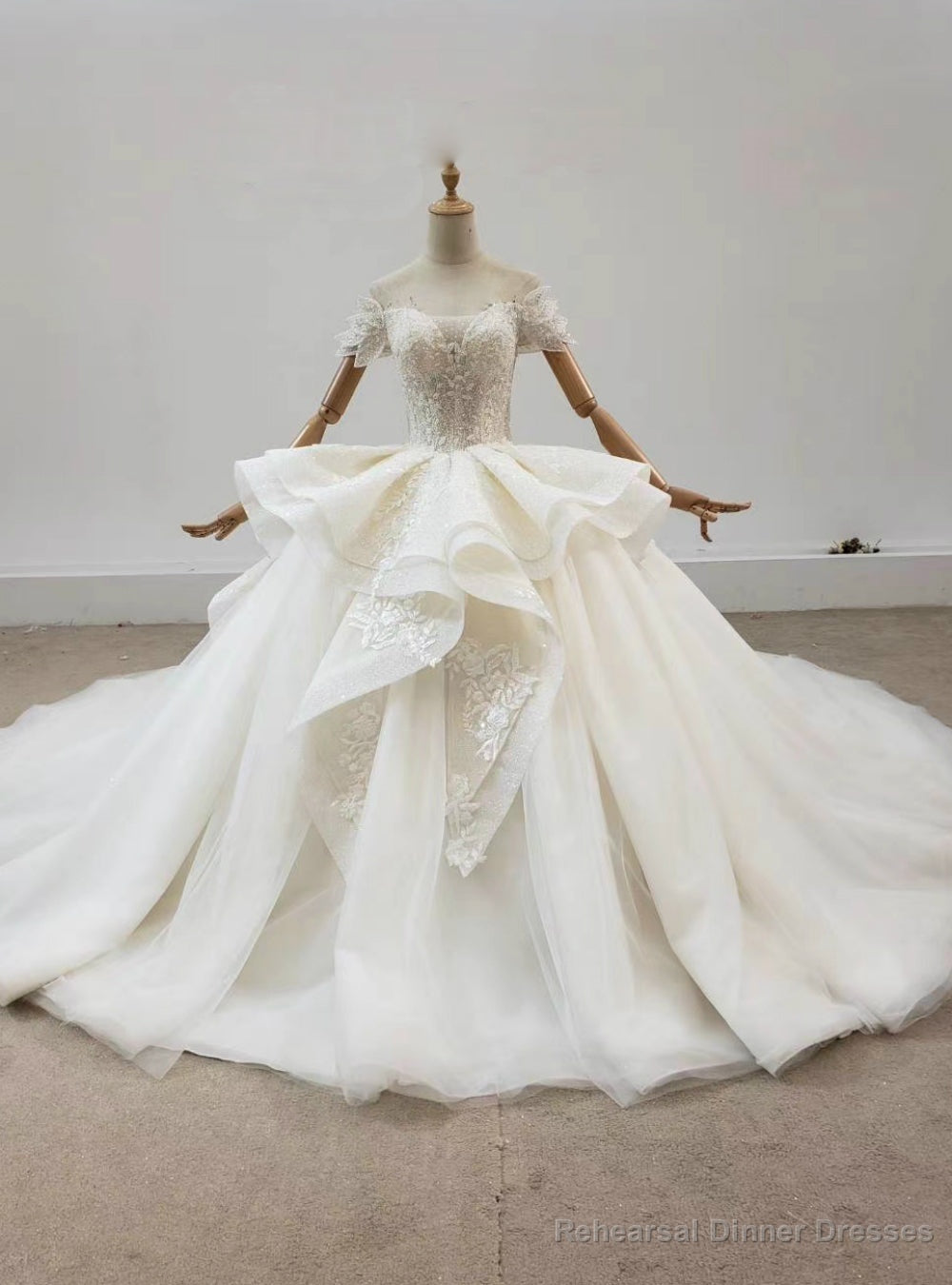Ivory Tulle Ball Gown Off the Shoulder Appliques Sequins Wedding Dress Main image