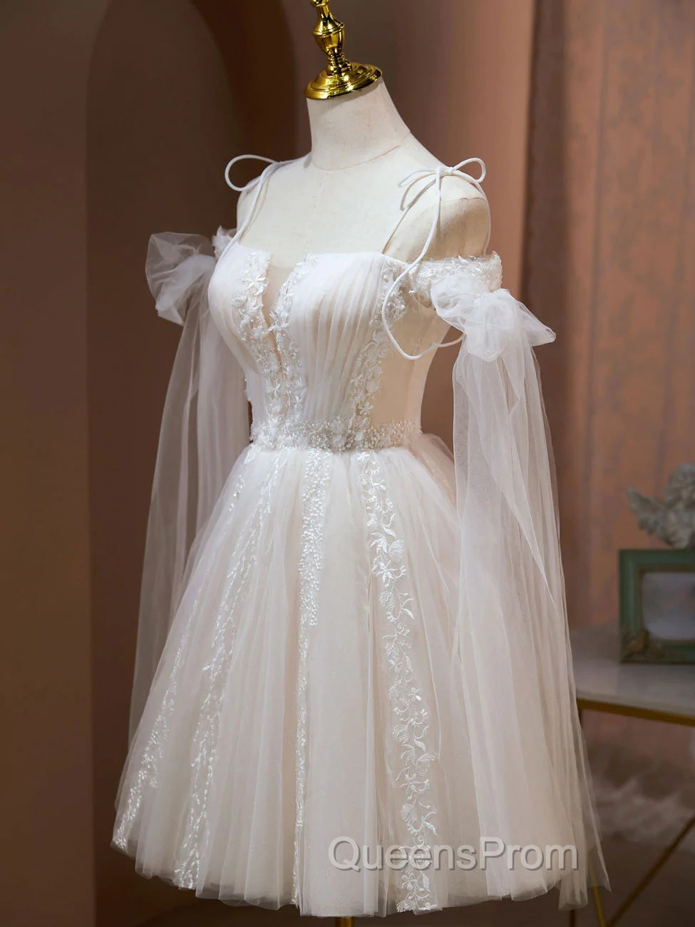 Ivory Tulle Knee Length With Lace Short Evening Prom Dress, Cute Ivory Party Dress Secondary image