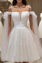Ivory Tulle Knee Length With Lace Short Evening Prom Dress, Cute Ivory Party Dress
