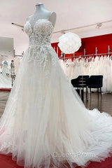 Ivory Tulle Lace Wedding Dress A-Line Sweetheart Bridal Dress With Sweep Train Off Shoulder