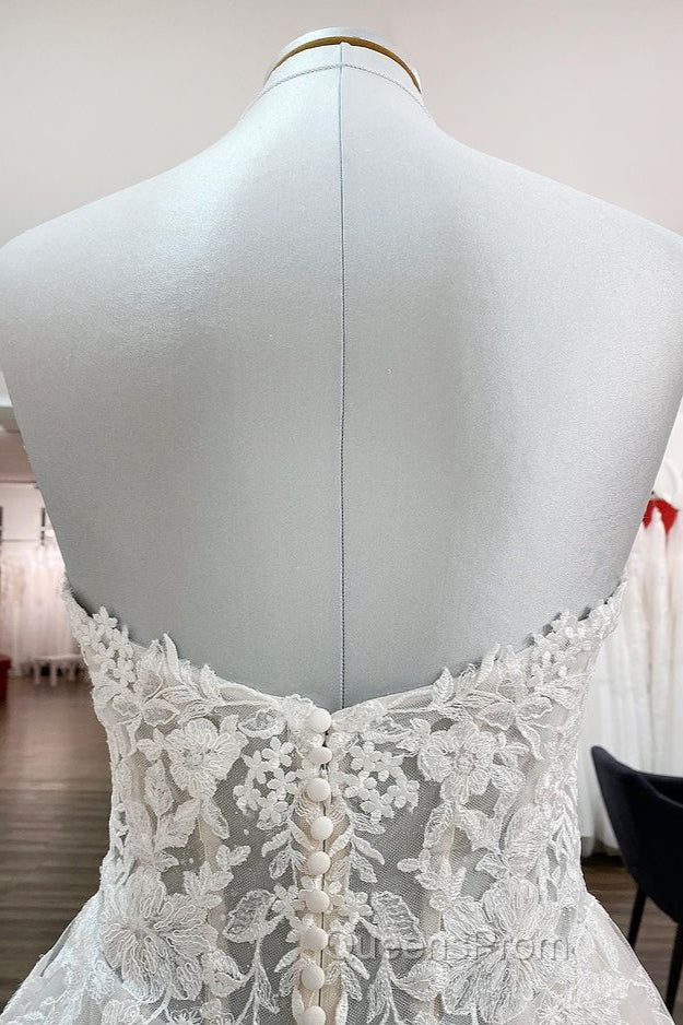 Ivory Tulle Lace Wedding Dress A-Line Sweetheart Bridal Dress With Sweep Train Off Shoulder