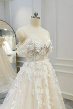Ivory Tulle Off the Shoulder Appliques Wedding Dress