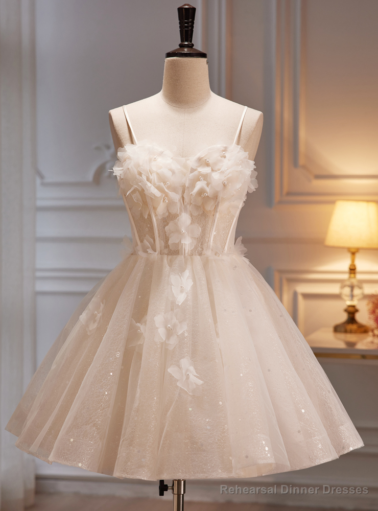 Ivory Tulle Sequins Spaghetti Straps Flower Homecoming Dress Main image