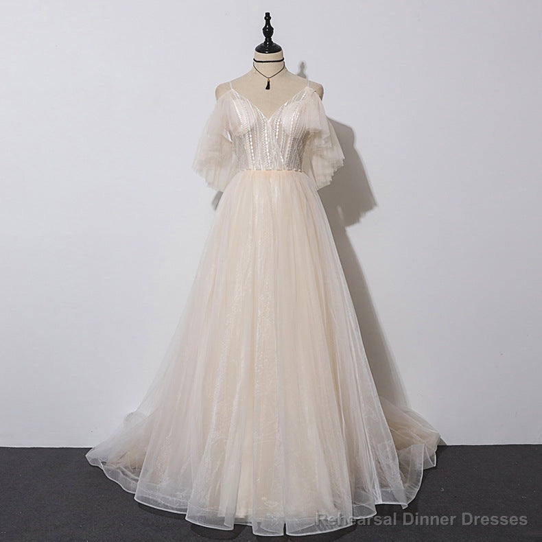 Ivory Tulle V-neckline Straps Off Shoulder Long Evening Dress, A-line Prom Dress Party Dress Main image
