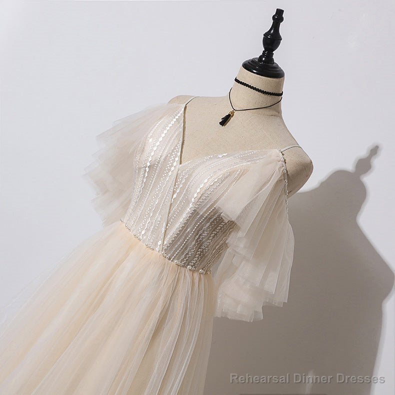 Ivory Tulle V-neckline Straps Off Shoulder Long Evening Dress, A-line Prom Dress Party Dress