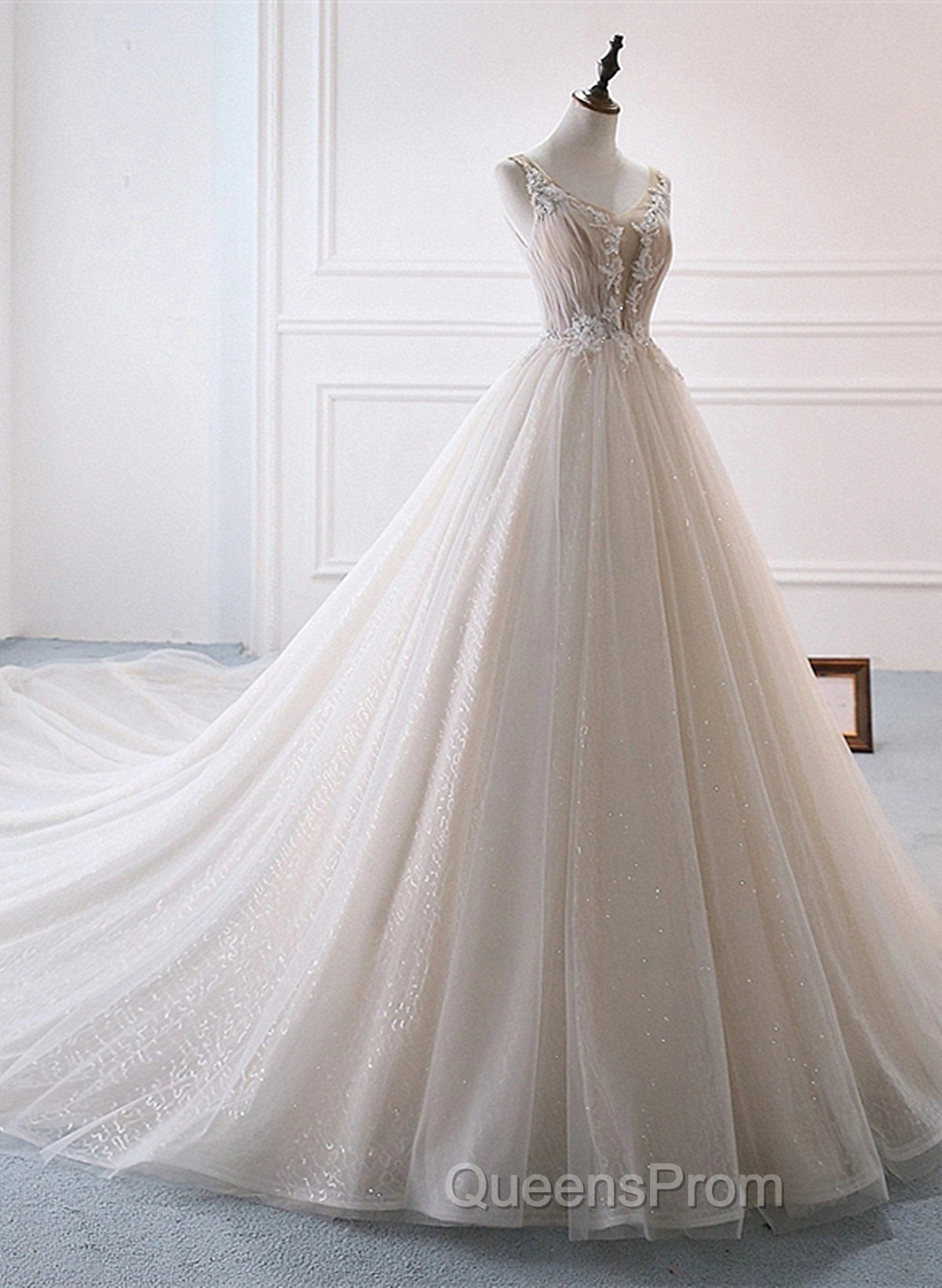 Ivory Tulle With Lace Long Wedding Party Dress With Sweep Train, Ivory Formal Dress Secondary image