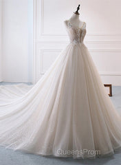 Ivory Tulle With Lace Long Wedding Party Dress With Sweep Train, Ivory Formal Dress