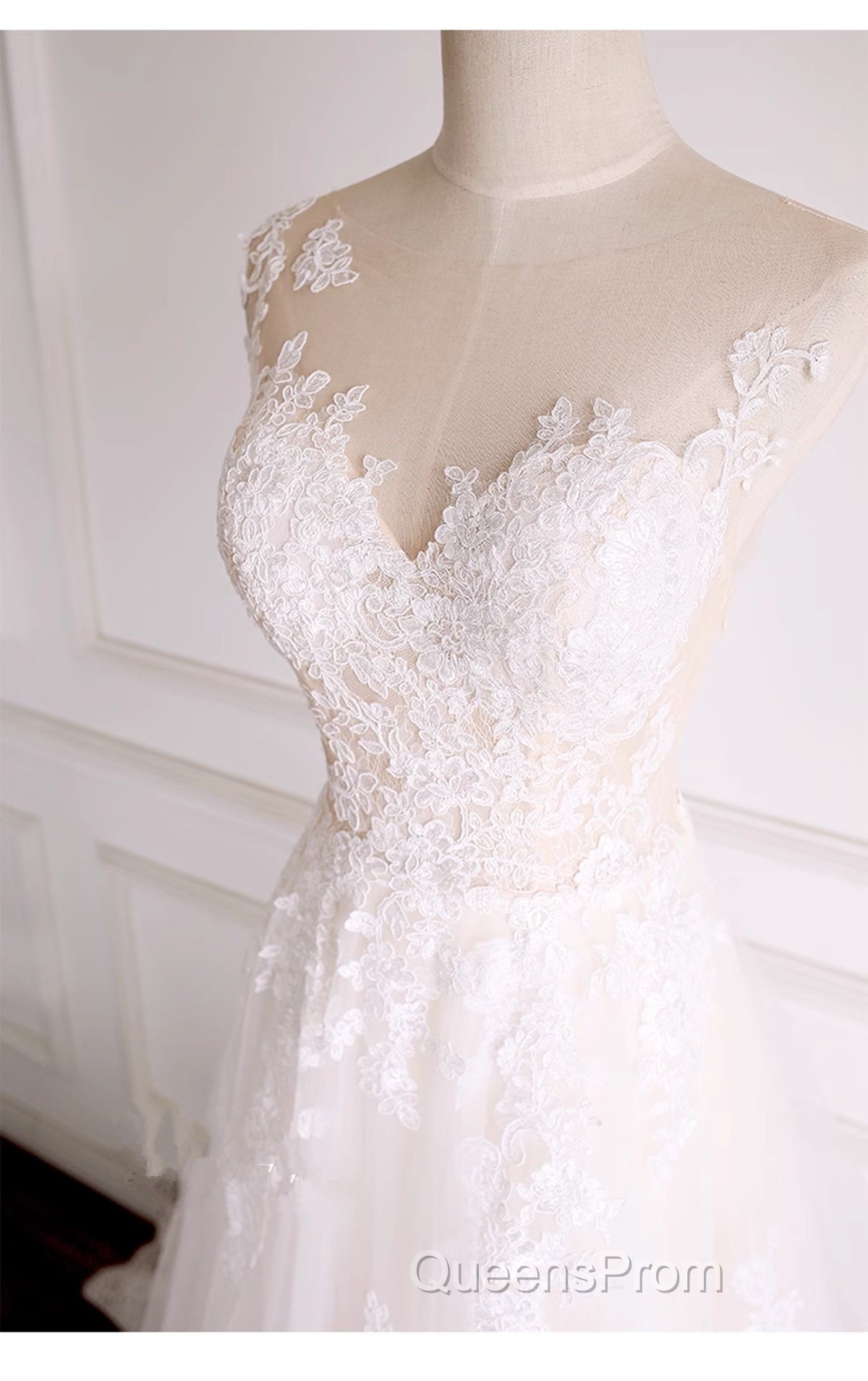 Ivory Tulle With Lace Round Neckline Long Wedding Party Dress, Ivory Tulle Evening Prom Dress Secondary image