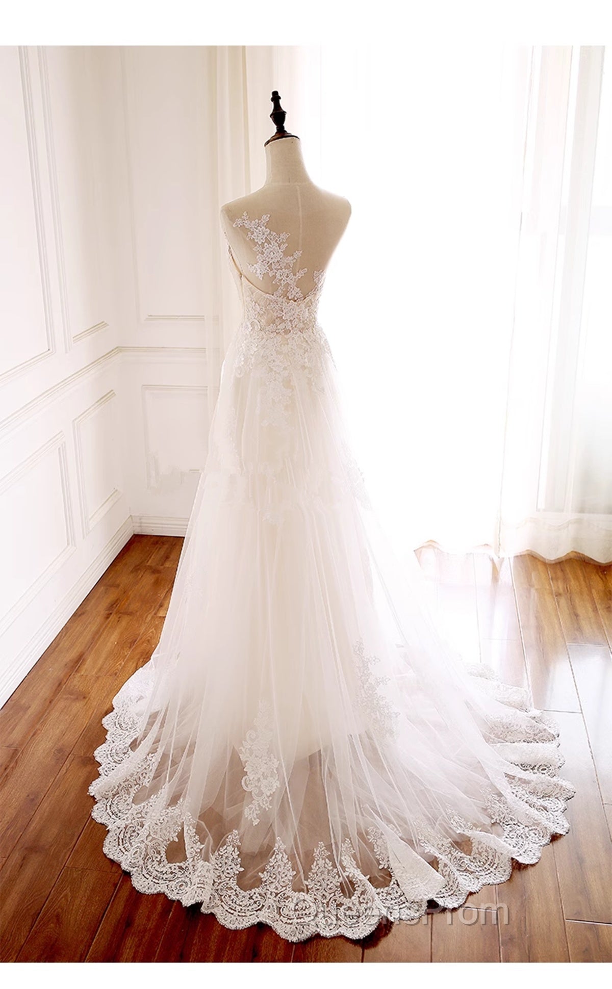 Ivory Tulle With Lace Round Neckline Long Wedding Party Dress, Ivory Tulle Evening Prom Dress