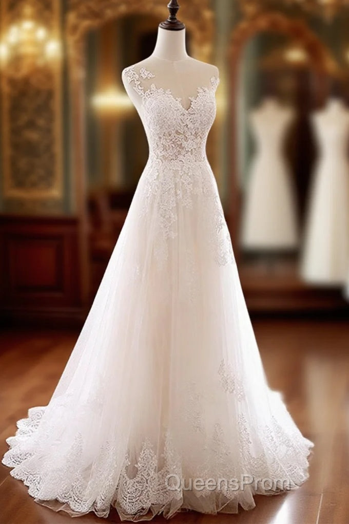 Ivory Tulle With Lace Round Neckline Long Wedding Party Dress, Ivory Tulle Evening Prom Dress Main image