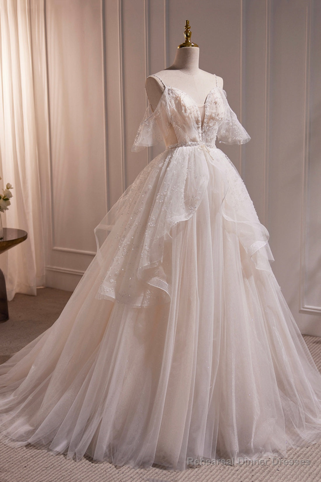 Ivory V Neck Beaded Straps Party Dress, Ivory Floor Length Prom Dress Main image