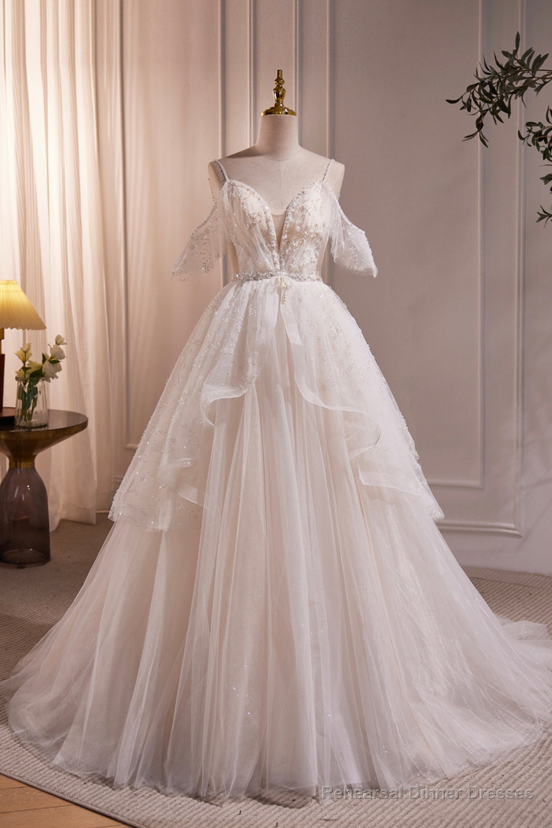 Ivory V Neck Beaded Straps Party Dress, Ivory Floor Length Prom Dress Secondary image