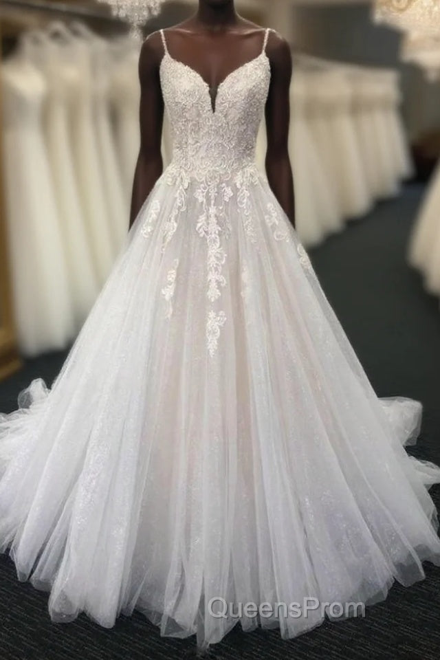 Ivory V neck Sleeveless A line Princess Lace Wedding Dress Main image