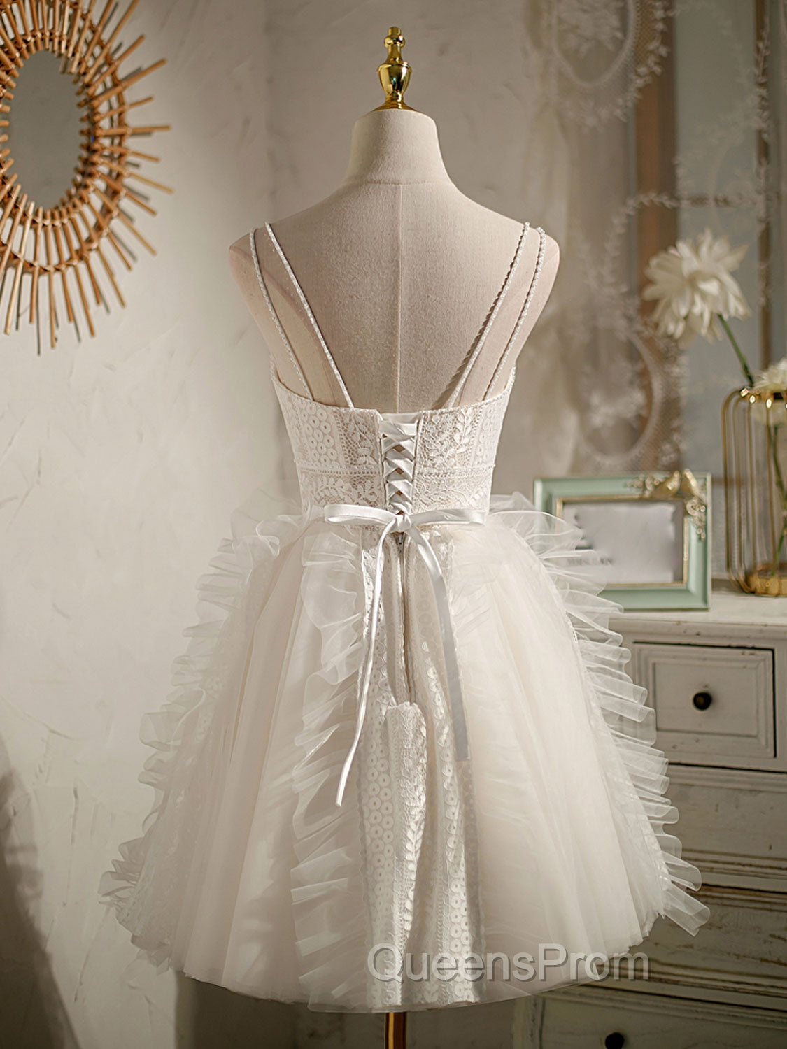 Ivory V Neck Tulle Lace Short Evening Prom Dress Lace Cocktail Dress