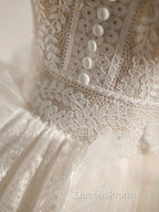 Ivory V Neck Tulle Lace Short Evening Prom Dress Lace Cocktail Dress
