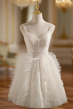 Ivory V Neck Tulle Lace Short Evening Prom Dress Lace Cocktail Dress