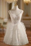 Ivory V Neck Tulle Lace Short Evening Prom Dress Lace Cocktail Dress