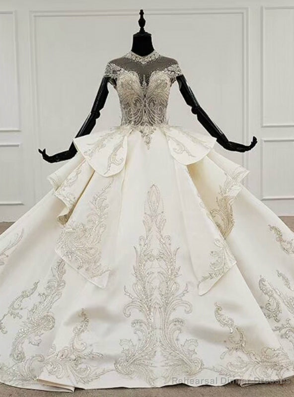 Ivory White Ball Gown Satin Cap Sleeve Beading Crystal Wedding Dress Main image