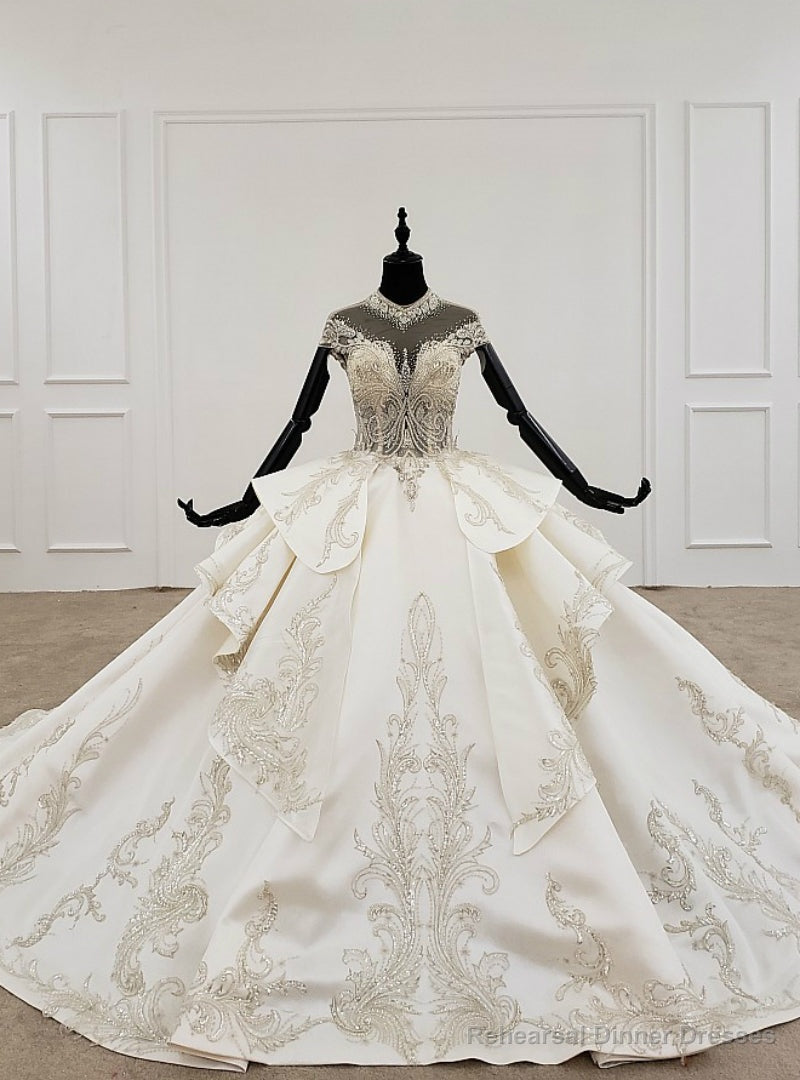 Ivory White Ball Gown Satin High Neck Cap Sleeve Backless Beading Wedding Dress Main image