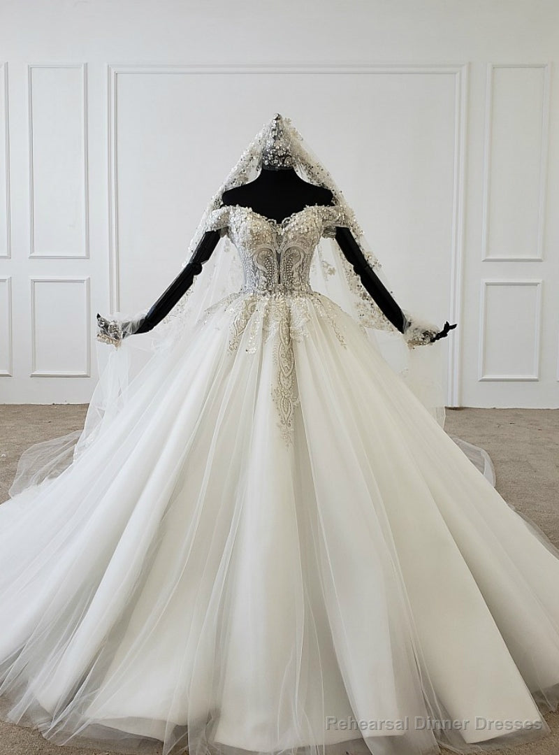 Ivory White Ball Gown Tulle Off the Shoulder Appliques Beading Wedding Dress Main image