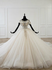 Ivory White Ball Gown Tulle Open Back Beading Sequins Wedding Dress