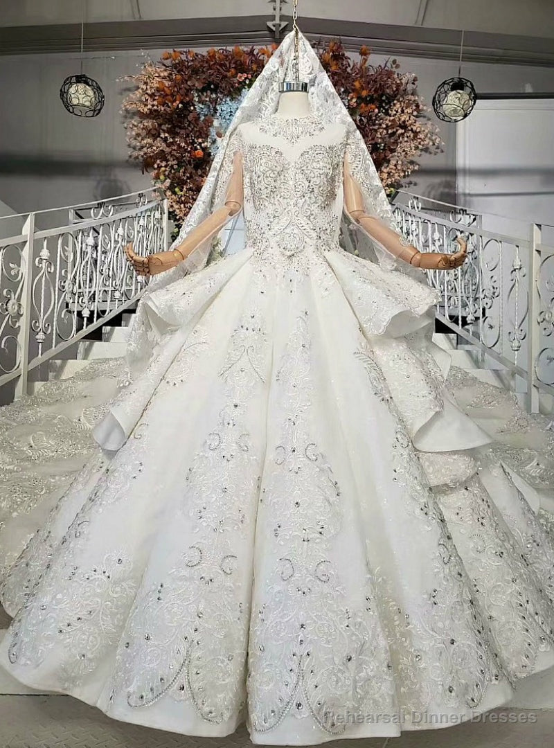 Ivory White Ball Gown Tulle Satin Long Sleeve Crystal Wedding Dress Main image