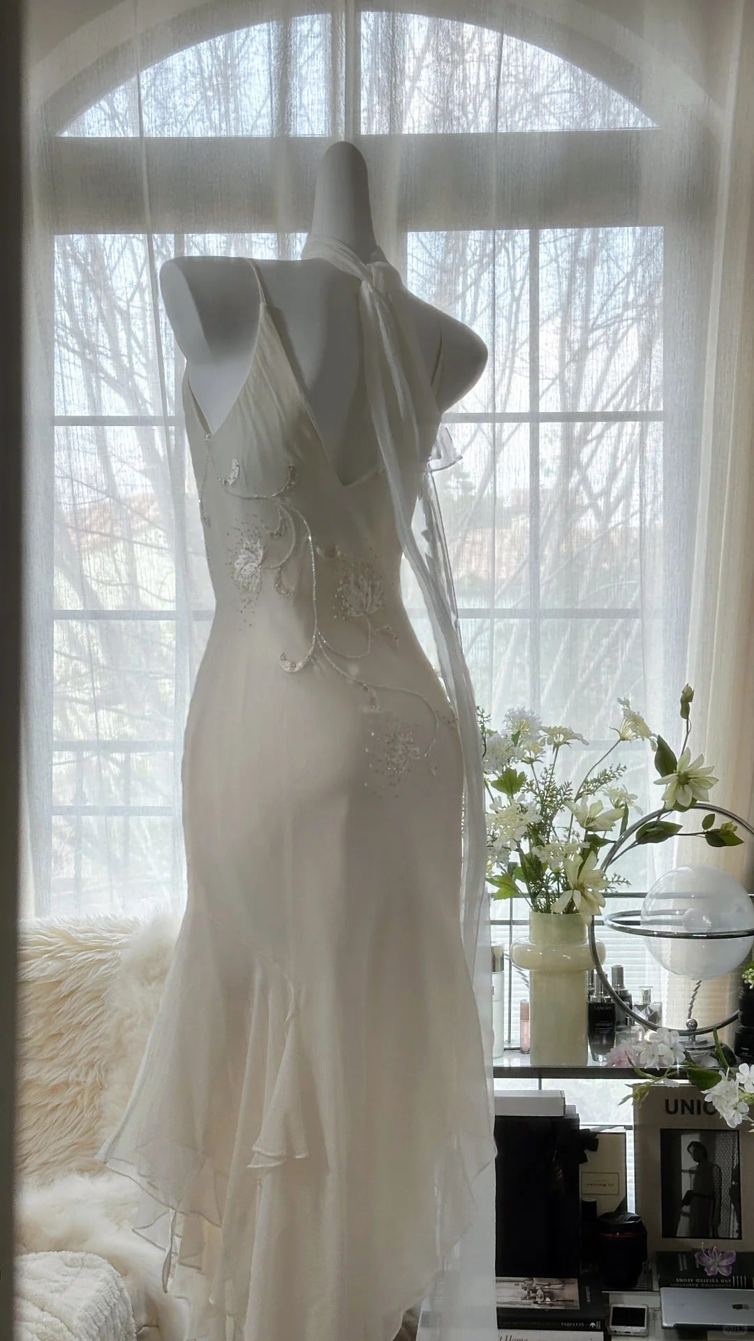 Ivory White Elegant Fashion Exquisite Floral Beading Long Chiffon Ball Gown Classy Evening Dress Party Dress