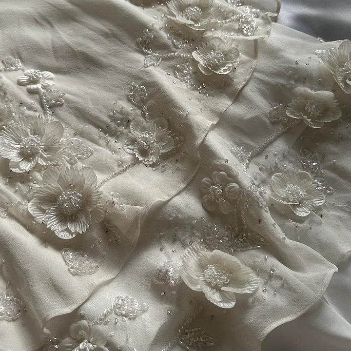 Ivory Luxury Gorgeous Fashion Exquisite Flowers Beading Long Chiffon Elegant Ball Gown Classy Evening Dress Party Dress