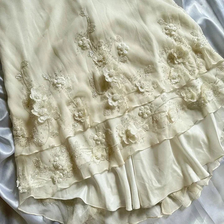 Ivory Luxury Gorgeous Fashion Exquisite Flowers Beading Long Chiffon Elegant Ball Gown Classy Evening Dress Party Dress