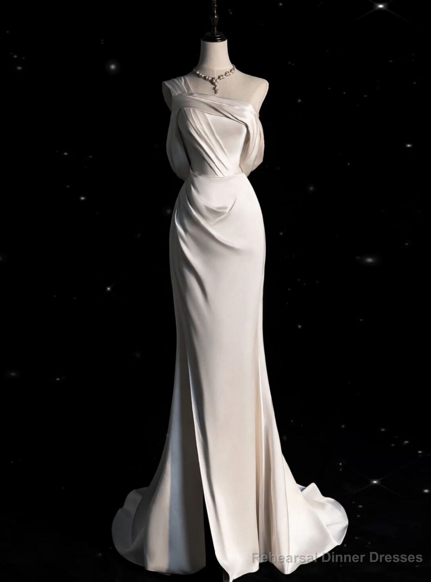 Ivory White Satin One Shoulder Pleats Wedding Dress Main image