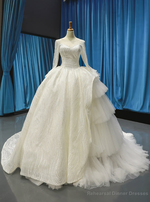 Ivory White Tulle Lace Bateau Long Sleeve Wedding Dress With Litter Train Main image