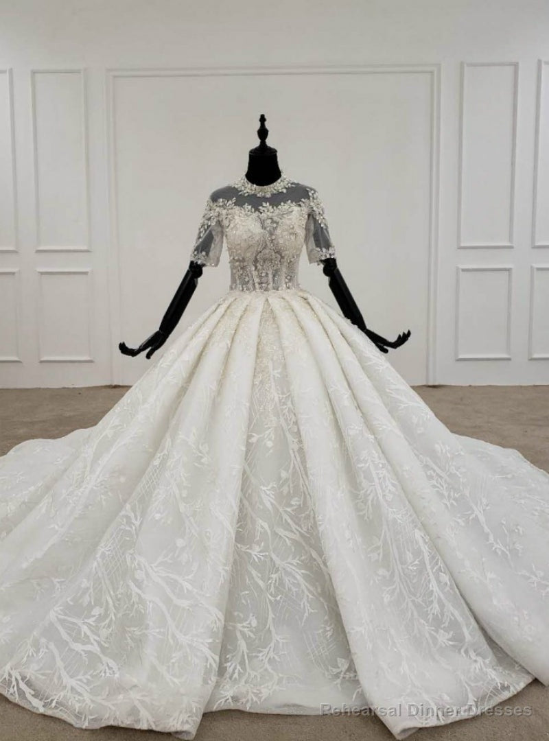 Ivory White Tulle Lace Short Sleeve High Neck Beading Sequins Wedding Dress Main image